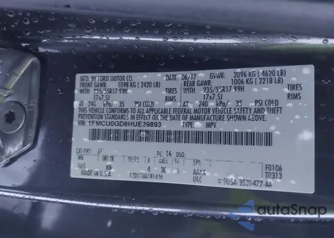 2017 Ford Escape Se из США, поврежденный, VIN 1FMCU0GD8HUE39893